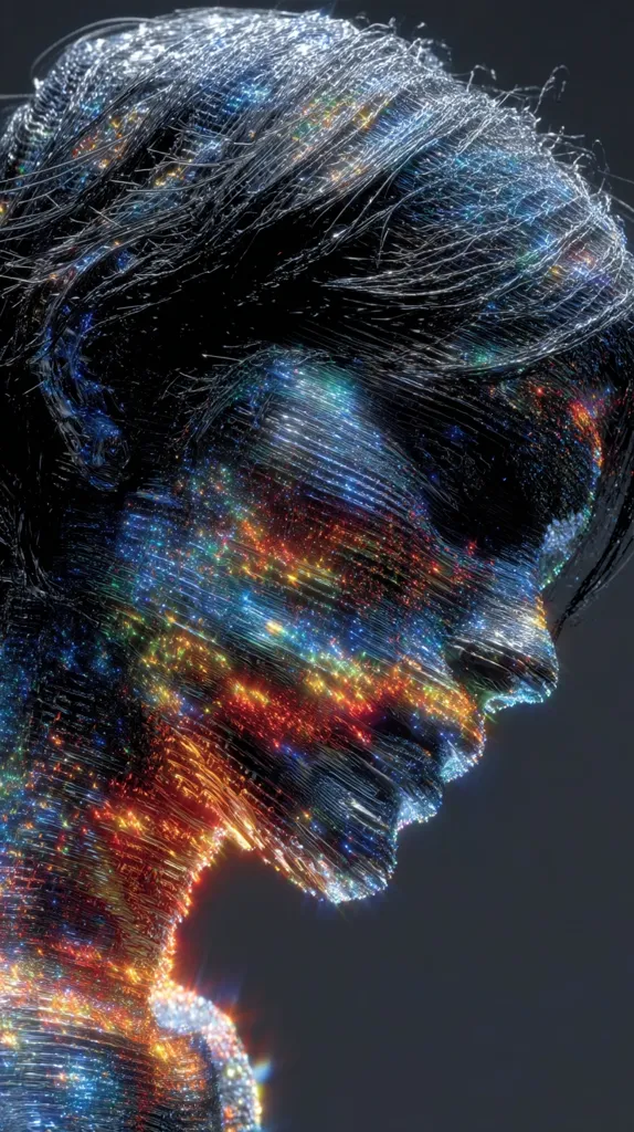 A digital rendering depicts a woman's profile, her form composed of interwoven strands of light.  The strands shimmer with a spectrum of vibrant colors, creating a luminous, ethereal effect. Her head is bowed slightly, and her expression appears pensive. The dark background enhances the image's otherworldly quality.  The overall impression is one of both beauty and mystery.