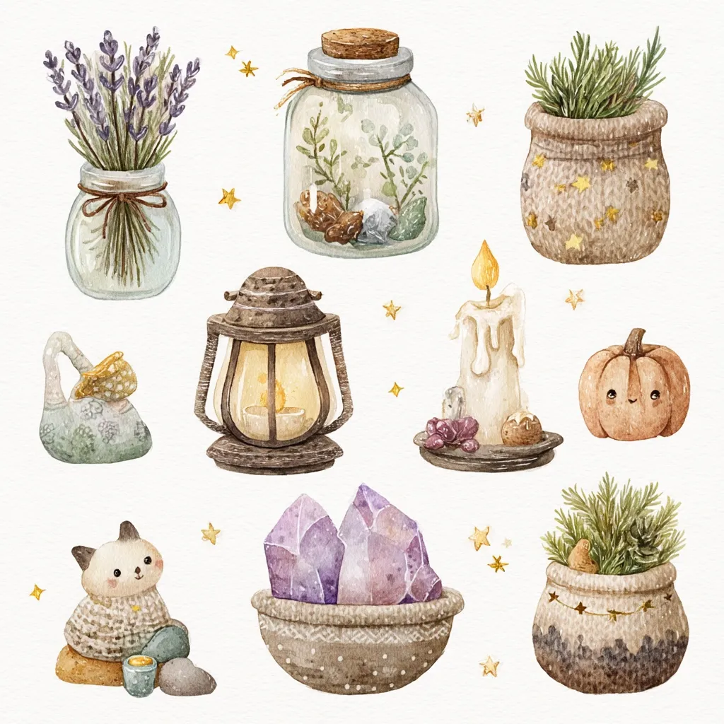 A charming watercolor collection features whimsical autumnal and witchy elements.  Lavender in a glass jar, a lantern, a lit candle with crystals, a knitted cat figurine,  two potted herbs, a jar filled with botanicals, and a smiling pumpkin are depicted.  Purple crystals rest in a rustic bowl, adding a mystical touch to this enchanting arrangement.  Gold stars subtly enhance the overall magical feel.