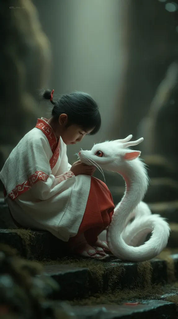 A young girl, dressed in a traditional white and red Asian-style robe, sits on moss-covered steps.  She gently cradles a fantastical white creature resembling a long-necked dragon or serpent. The scene is dimly lit, creating a mystical and serene atmosphere. The girl and the creature share a tender moment, their connection palpable. The background suggests a forest or secluded garden.