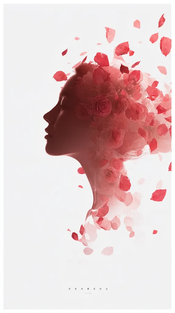 A profile of a woman's face is subtly merged with a cloud of red rose petals and falling leaves.  The image is ethereal and delicate, suggesting a sense of beauty, fragility, and perhaps transformation. The pale background emphasizes the vibrant red tones, creating a visually striking and romantic effect.  The overall impression is one of serene elegance.