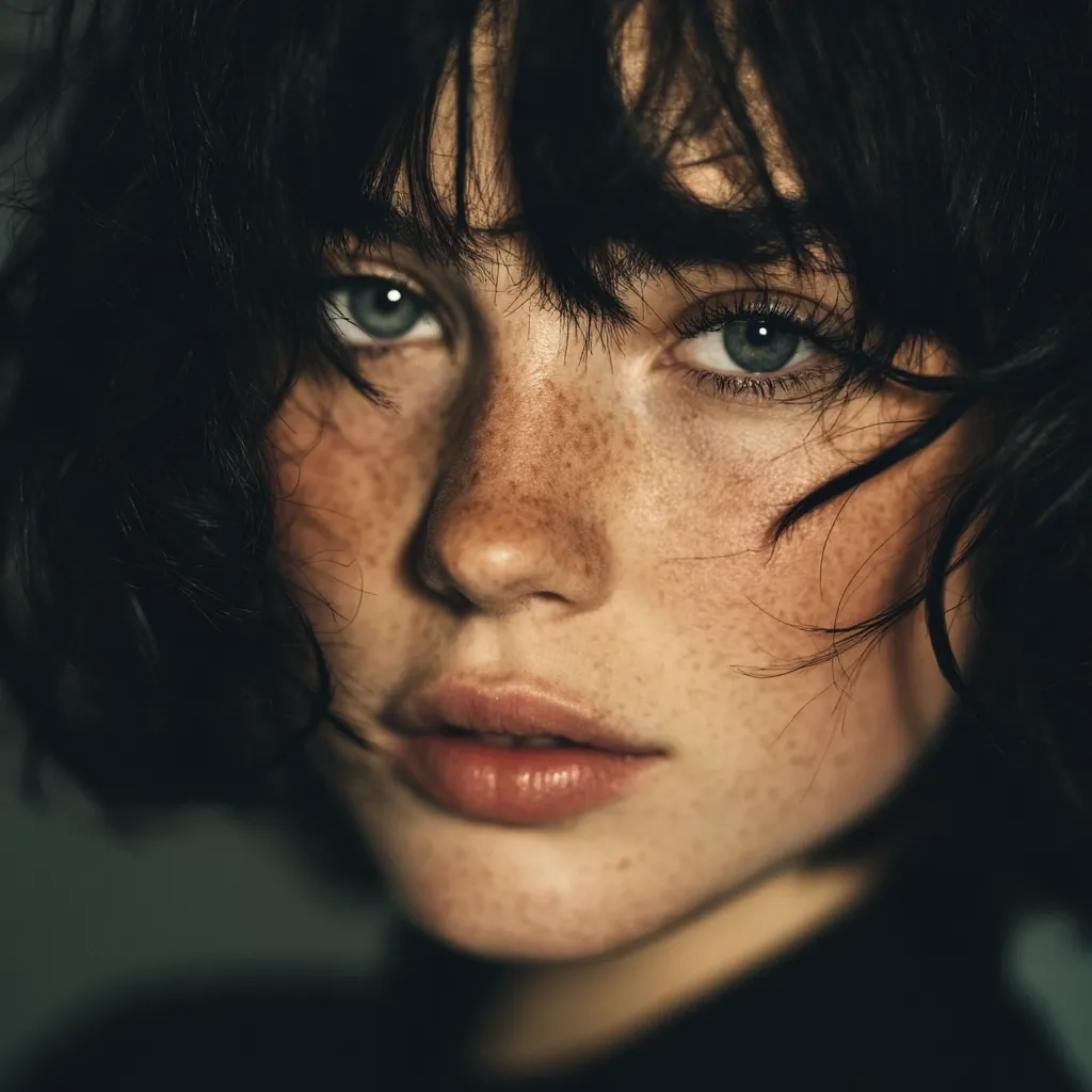 Close-up portrait of a young woman with short, dark, slightly messy hair.  Her face is speckled with freckles, and her large, expressive green eyes are captivating.  She has a soft, neutral expression, and her lips are full and slightly parted. The lighting is moody and dramatic, emphasizing the texture of her skin and hair.