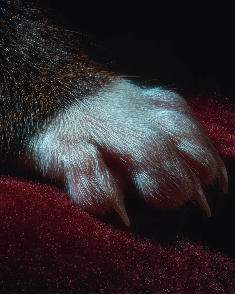 A close-up reveals a dog's paw resting on a dark red velvet surface.  The paw's fur is predominantly white, contrasting with darker fur higher on the leg.  Individual hairs are clearly visible, and the sharp claws are prominent.  The lighting emphasizes the texture of both the fur and the velvet.