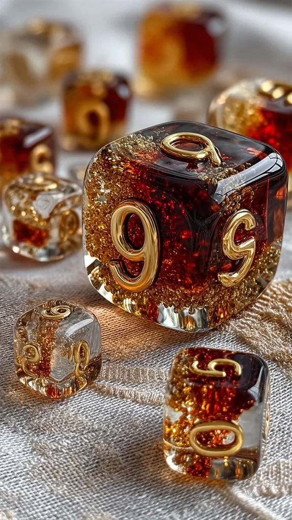 Close-up view of several translucent, amber-colored dice with gold-inlaid numerals.  The dice have a speckled, glittery effect within the resin.  They are scattered on a light beige fabric, with one die in sharp focus, showcasing the detail of the numbers and the internal sparkle.  The overall impression is one of luxury and intricate craftsmanship.