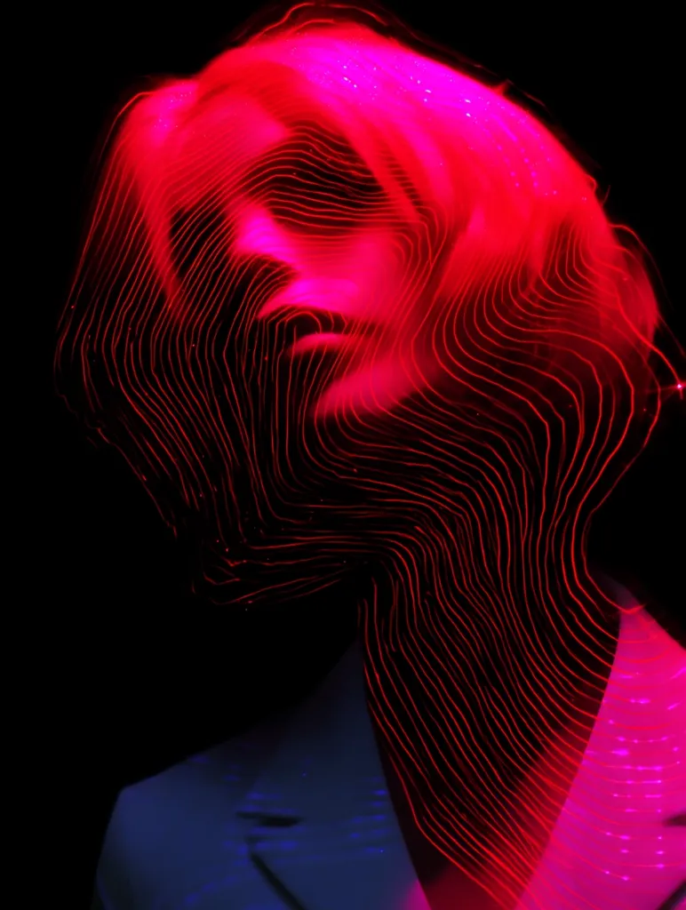 A person's head and shoulders are enveloped in a vibrant, flowing, red light that creates a mesmerizing pattern of lines and curves.  The light seems to emanate from within, obscuring facial features while highlighting the form.  They wear a bluish jacket, creating a contrast with the intense red. The image evokes a feeling of mystery and otherworldliness.
