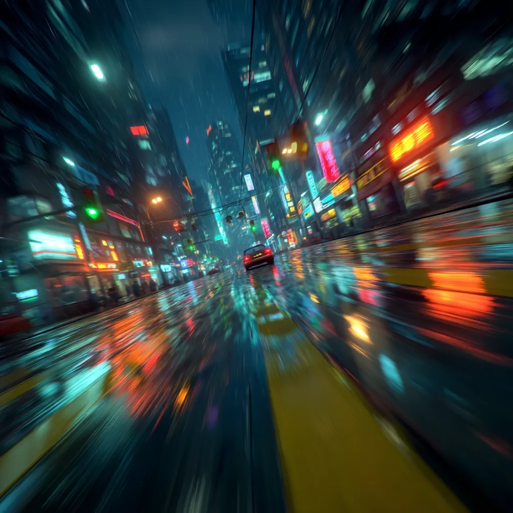 A fast-paced, first-person perspective driving through a rain-soaked city at night.  Neon lights reflect on the wet asphalt, creating vibrant streaks of color.  Tall buildings line the street, their windows glowing. The speed blurs the surroundings, emphasizing the dynamic energy of the urban scene.  Rain splatters across the windshield, adding to the atmospheric intensity.