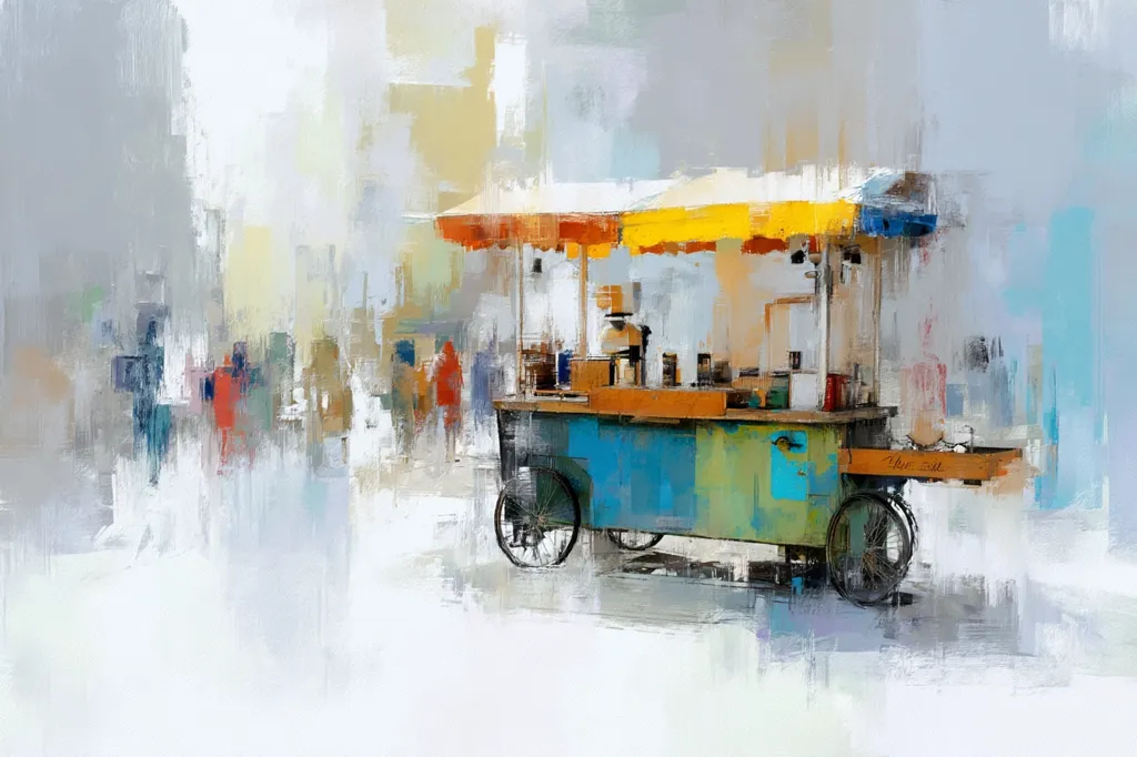 An abstract painting depicts a vibrant street food cart, under a yellow and orange striped awning, situated amidst a blurred, impressionistic cityscape.  The cart is painted in teal and green hues, with visible wheels.  The background features indistinct figures and buildings in muted tones, suggesting a busy, yet hazy urban scene. The style is expressive and textured, emphasizing brushstrokes and a palette of soft, yet striking colors.
