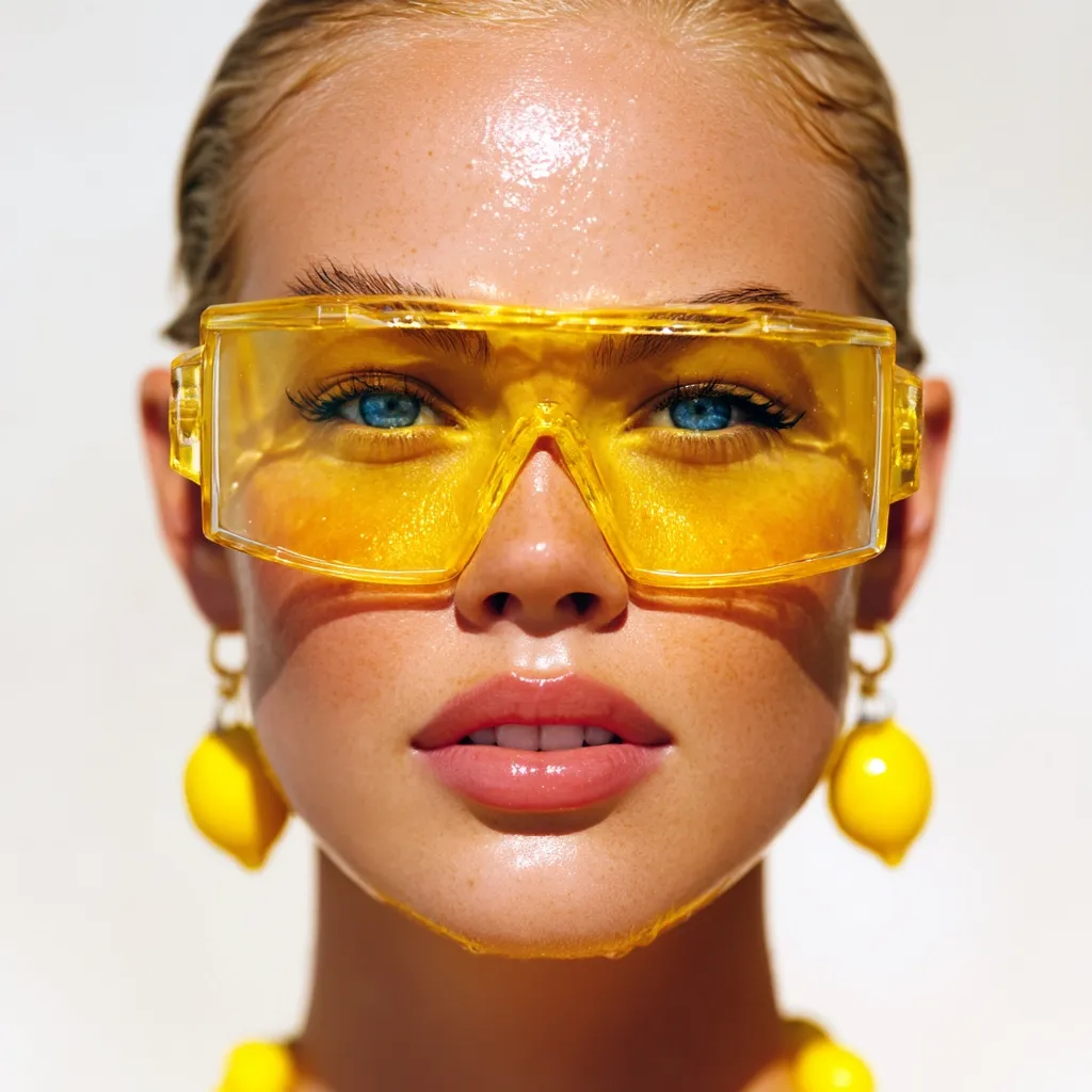 A close-up shot of a young woman with sun-kissed skin. She wears large, amber-tinted shield sunglasses and lemon-shaped earrings.  Her face is glistening with moisture, and her expression is serene. The overall aesthetic is bright, summery, and fashion-forward.