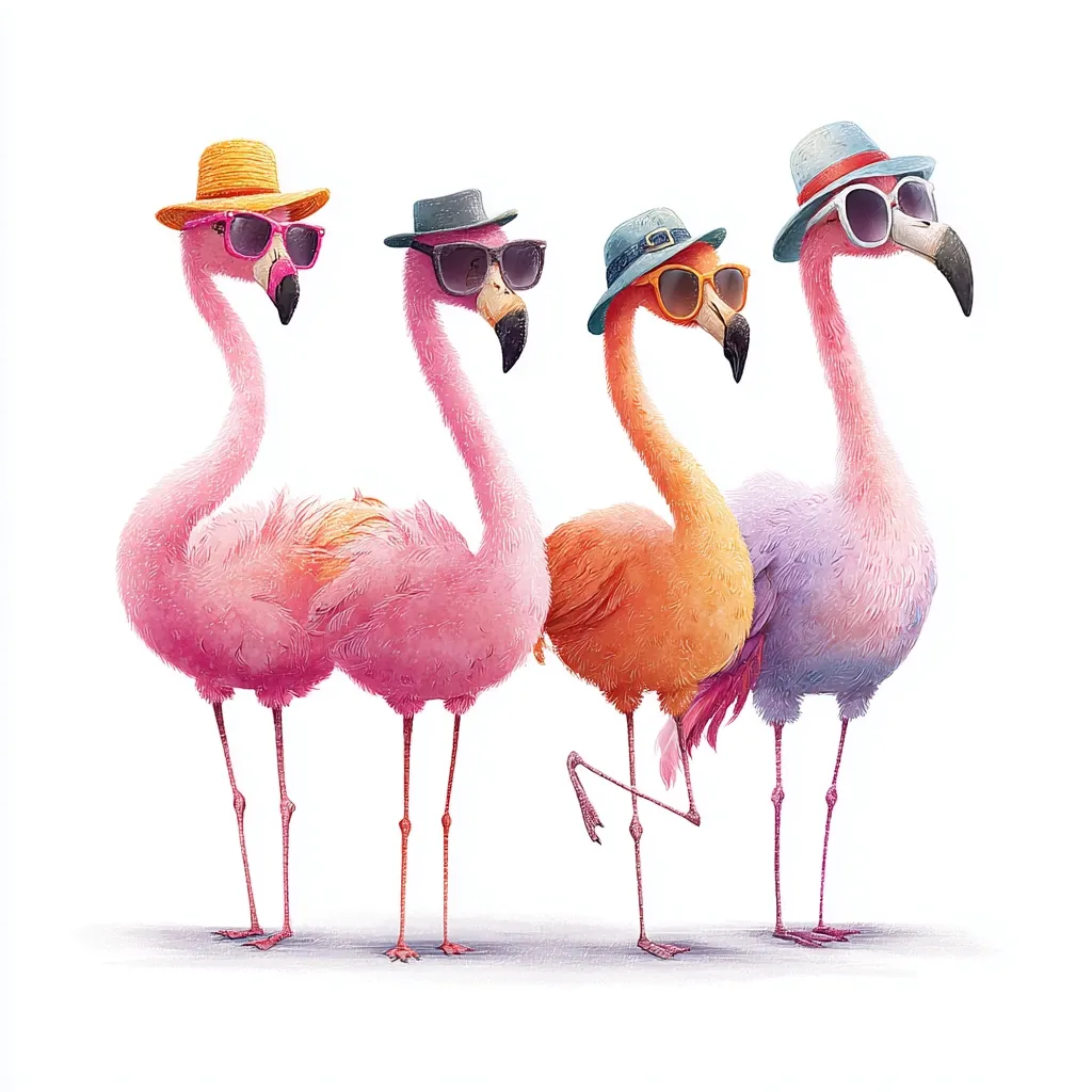 Three flamingos stand in a row, each sporting a different stylish hat and sunglasses.  The flamingo on the left wears a straw hat, the middle one a black fedora, and the flamingo on the right a light blue fedora.  Their plumage varies in shades of pink and orange, creating a vibrant and playful image.  The scene is set against a plain white background.