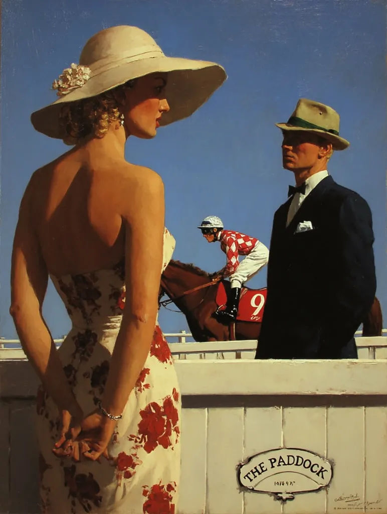 A woman in a floral dress and wide-brimmed hat stands at a racetrack, her back to the viewer, subtly observing a man in a suit and a jockey on a horse.  The scene is bathed in sunlight, with a clear blue sky as a backdrop. A sign reading "The Paddock" is visible at the bottom. The atmosphere suggests elegance and anticipation, perhaps of a race.