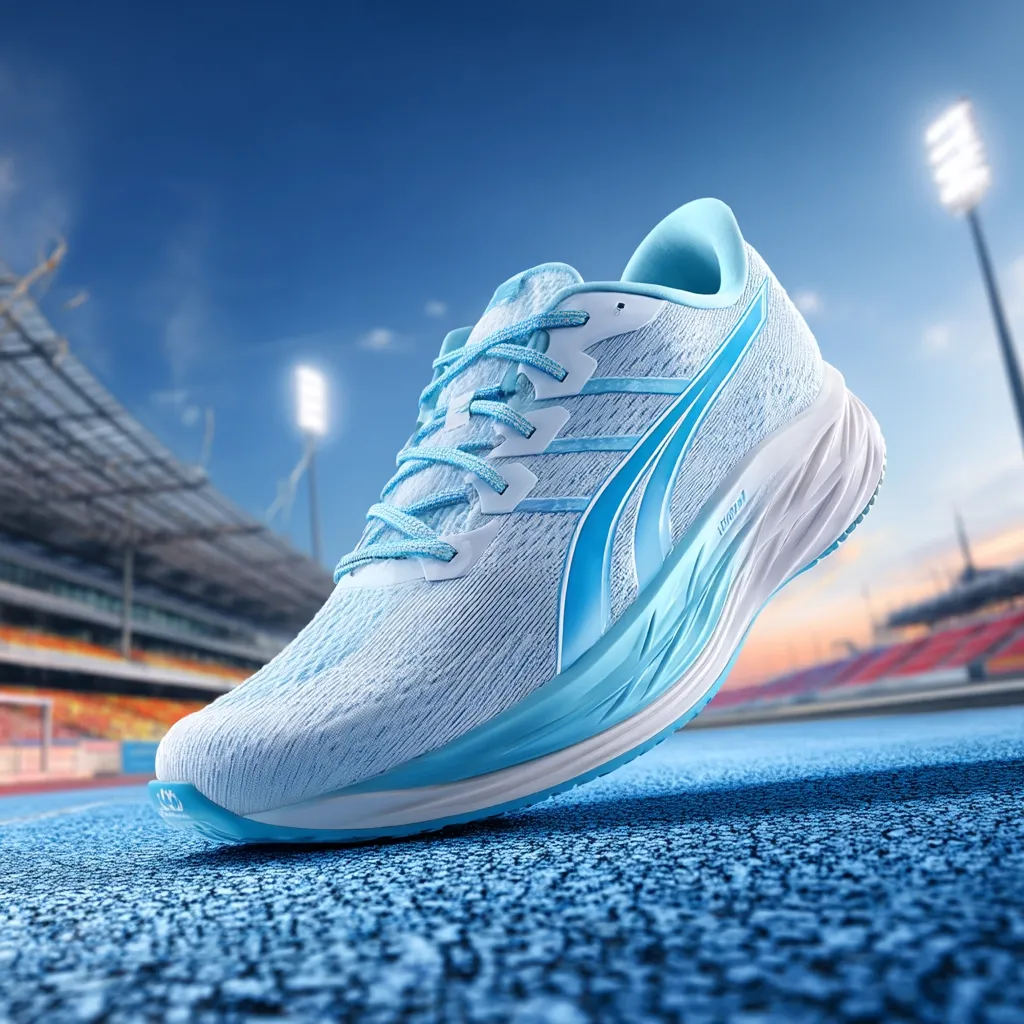 A light blue running shoe is showcased on a running track, set against a blurred background of a stadium under a bright sky.  The shoe's design features a breathable, textured upper and a curved, supportive sole.  The vibrant color and stadium setting emphasize its athletic purpose and suggest speed and performance.