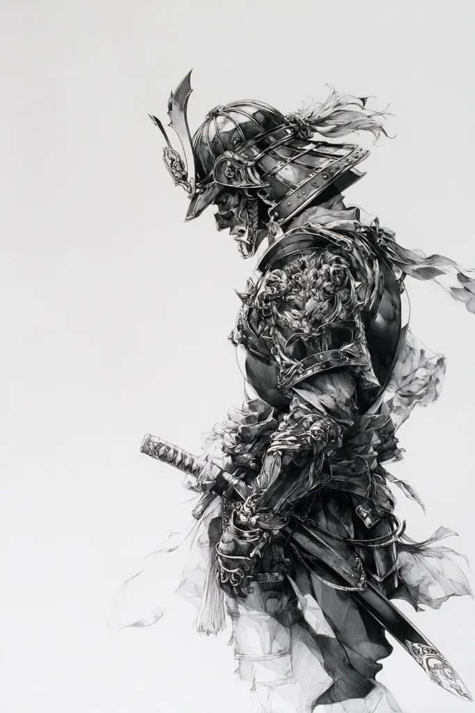 A monochrome drawing depicts a samurai in intricate detail.  The warrior is clad in ornate armor, his helmet adorned with flowing plumes.  He holds a katana, its hilt wrapped in cloth. The style is highly realistic, emphasizing texture and shadow, giving the piece a dramatic and powerful feel. The background is stark white, focusing attention on the samurai figure.