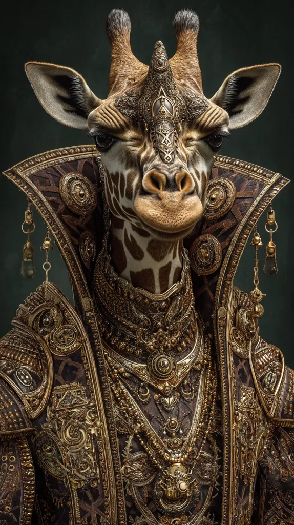 A regal giraffe, adorned in elaborate gold jewelry and a richly detailed, dark brown robe with high collar, commands attention.  The intricate ornamentation on the giraffe's headpiece and clothing suggests a high status, possibly a monarch or deity.  The image's dark background enhances the grandeur of the giraffe's attire, creating a striking and majestic portrait.