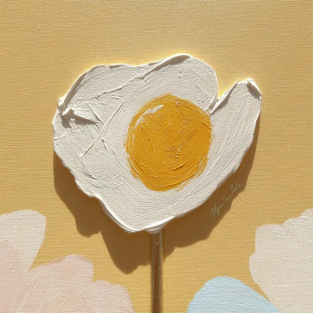 A textured painting depicts a fried egg as a flower on a pale yellow background. The egg white is rendered in thick, white strokes, surrounding a vibrant yellow yolk.  The egg sits atop a gold stem, with soft pastel-colored shapes suggesting other blooms below. The artist's signature is subtly placed near the egg. The style is playful and whimsical, using impasto techniques.