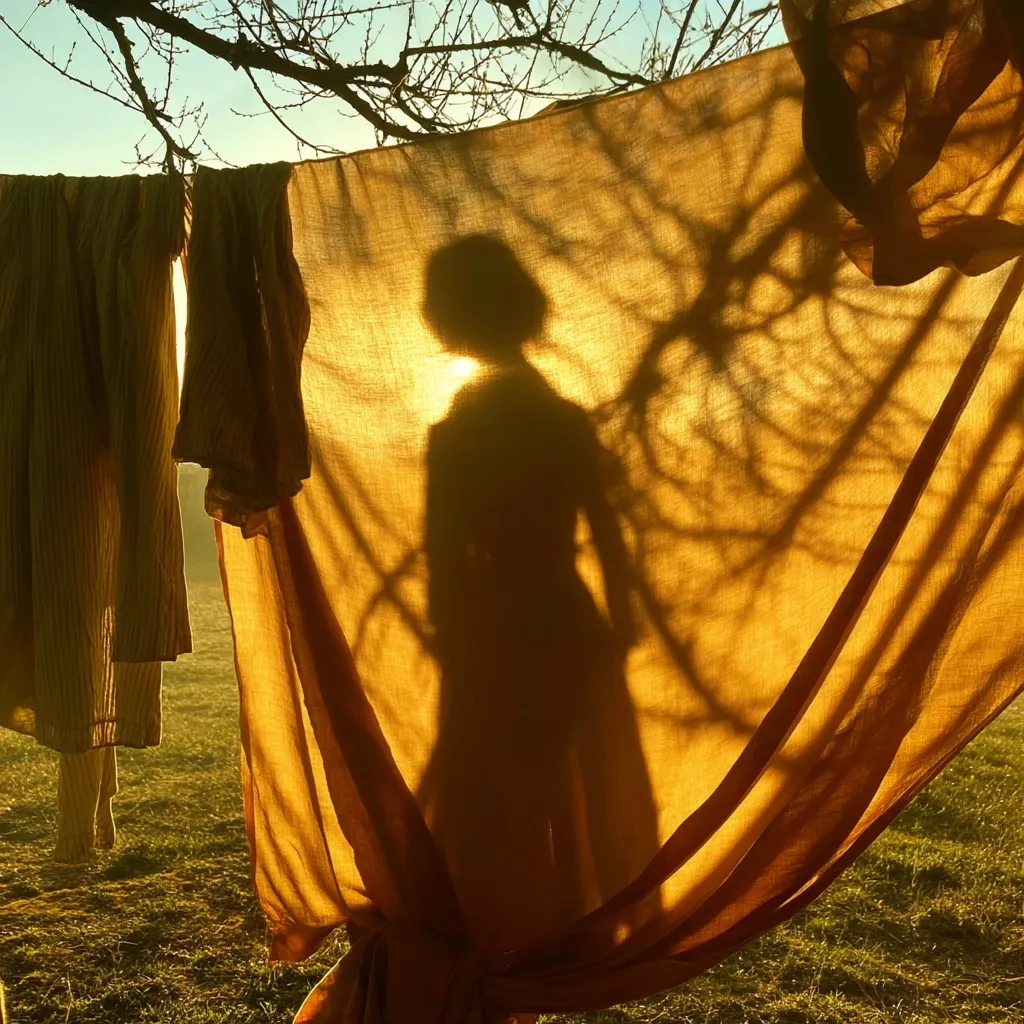 Golden sunlight casts a shadow of a person onto a line of drying, ochre-colored fabrics. The shadow, a silhouette, is partially obscured by the intricate patterns of the tree branches behind it.  The clothes hang gently in the warm light, creating a serene, autumnal scene.  The overall impression is one of peace and quietude.