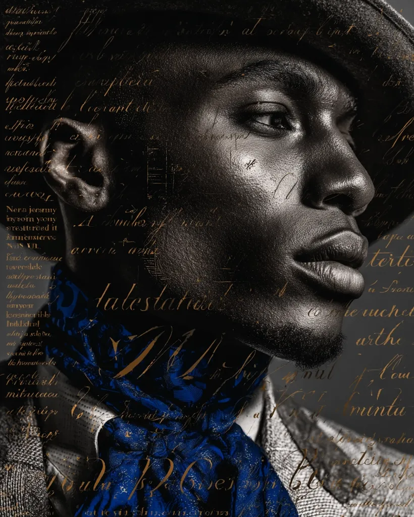 A close-up portrait of a dark-skinned man in a fedora, his face partially obscured by superimposed handwritten text in gold and blue. The man's gaze is directed to the right, his expression serious and contemplative.  The overlaid script creates a textured, layered effect, blending the man's image with a sense of history or memory. The overall tone is dramatic and moody.