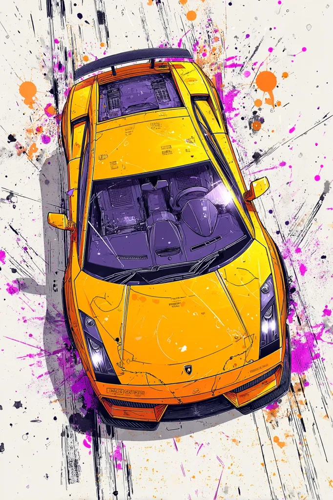 A vibrant illustration depicts a yellow Lamborghini from a bird's-eye view, speeding across a dynamic background.  Bold lines and splashes of pink, purple, and orange paint create a sense of motion and energy. The car's interior is visible, adding detail to the artwork's artistic style.  The overall effect is a striking blend of speed, artistry, and automotive design.