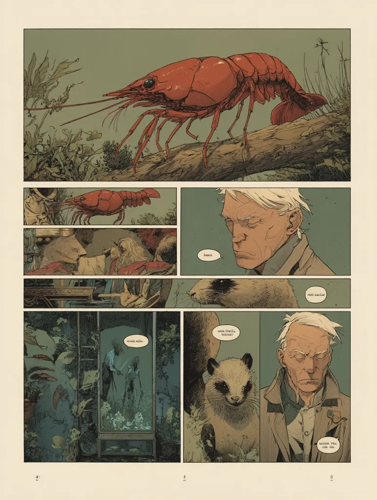 A graphic novel page depicts a giant shrimp, an older man with white hair, and various animals in a lush, overgrown setting.  Panels show the shrimp in its environment, the man appearing thoughtful, and scenes involving a smaller shrimp, a ferret-like creature, and a figure in a glass enclosure. The art style is detailed and evocative, using muted greens and browns to create a moody atmosphere.  Text in a foreign language appears in speech bubbles.