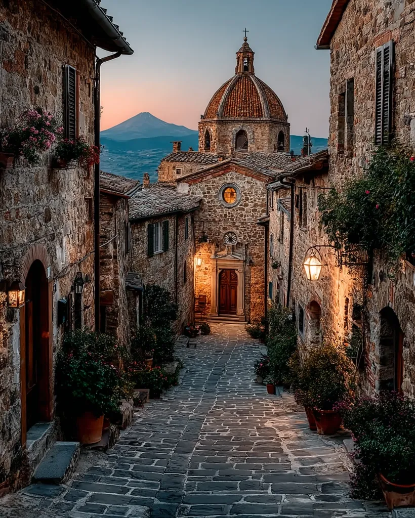 A charming cobblestone street in a historic Italian village winds towards a church with a terracotta dome.  Stone buildings line the path, adorned with potted plants and warm, glowing lamplight.  A distant mountain is visible at sunset, creating a picturesque and serene atmosphere. The scene evokes a sense of timeless beauty and tranquility.