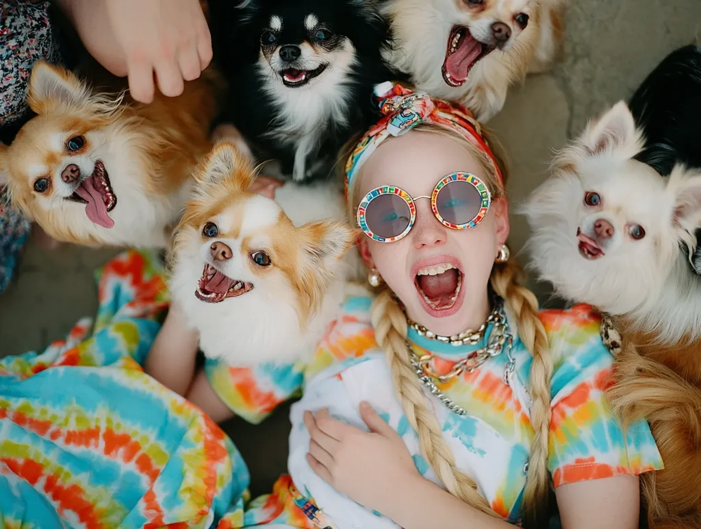 A girl wearing a tie-dye shirt and colorful sunglasses lies on the ground surrounded by five small dogs.  The dogs, appearing to be Chihuahuas and similar breeds, are a mix of colors and are playfully interacting with the girl. The scene is cheerful and vibrant, capturing a fun moment between a child and her pets.