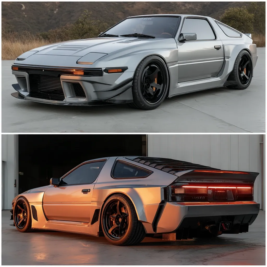 The image shows a custom-built Toyota Celica Supra, presented in two different angles.  The car features a heavily modified body kit, widened fenders, aftermarket wheels, and a sleek, metallic silver paint job.  The modifications give it an aggressive, futuristic aesthetic.  The top image shows the front, while the bottom showcases the rear, highlighting the custom taillights and rear spoiler. The lighting suggests both images were taken at different times of day.
