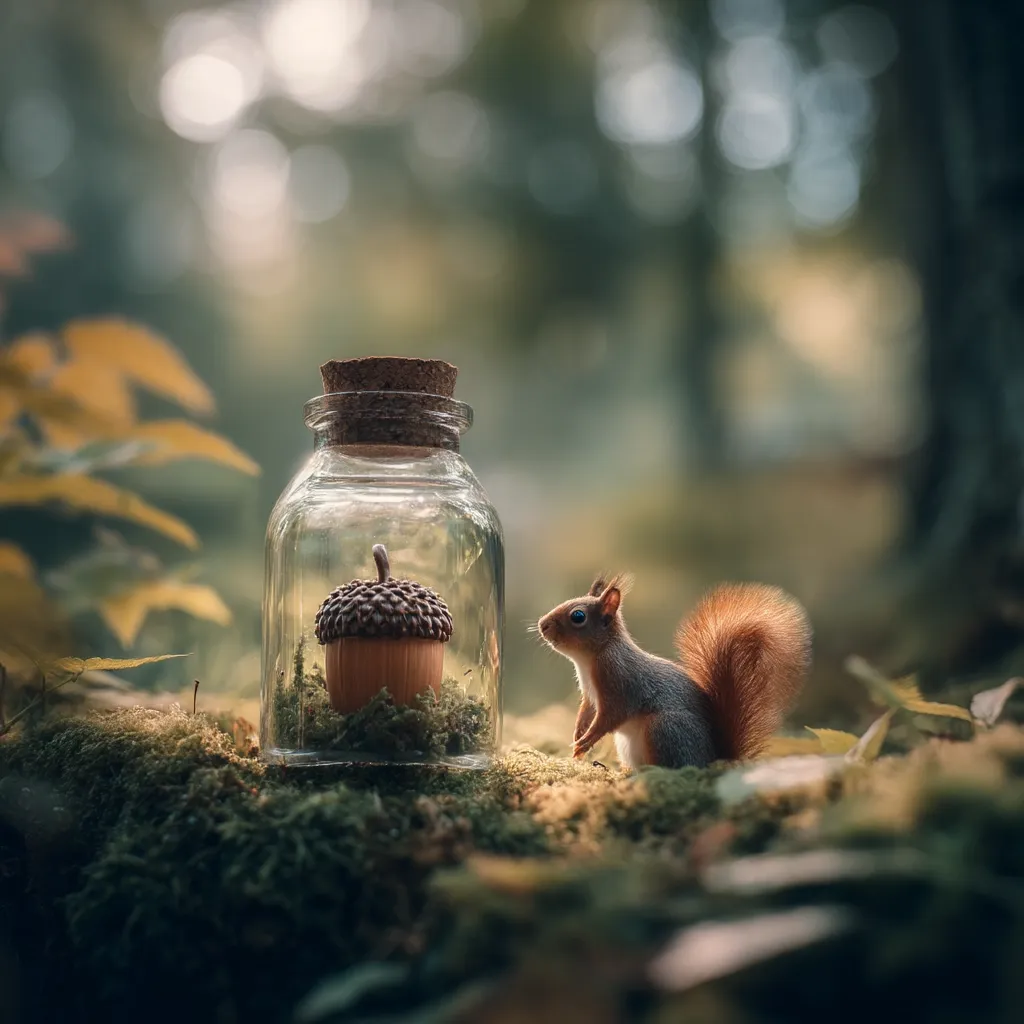 A curious red squirrel gazes at a small glass jar containing a single acorn.  The jar sits nestled in a bed of moss on the forest floor. The background is softly blurred, showcasing a tranquil woodland setting bathed in soft, diffused light. The image evokes a sense of whimsical nature and quiet observation.