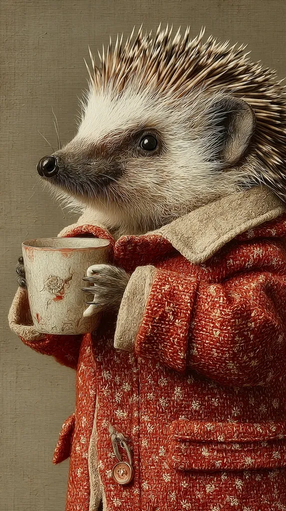 A hedgehog, meticulously detailed, is depicted wearing a red, patterned coat.  The hedgehog delicately holds a floral-patterned teacup. The image is reminiscent of a classic painting, with soft lighting and a muted background, creating a charming and whimsical scene. The hedgehog's expression is calm and content, suggesting a peaceful moment.