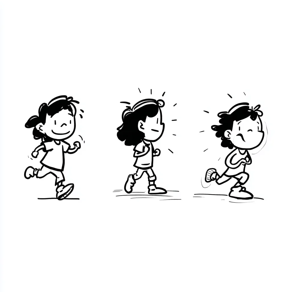 A cartoon depicts a girl in three stages of running.  The first shows her happily jogging. The second shows her walking with determined energy. The third shows her running, exhausted and out of breath.  The progression illustrates the change in her physical state from energetic to tired.