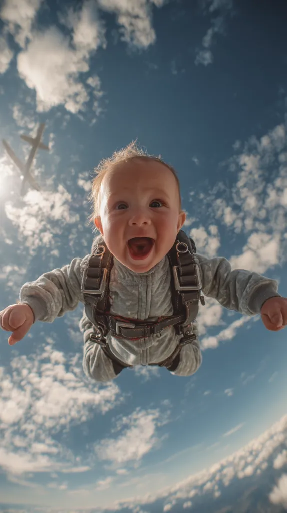 A baby, strapped into a skydiving harness, smiles jubilantly as it falls through a bright blue sky dotted with fluffy white clouds.  A small airplane is visible in the distance. The image is taken from a low angle, emphasizing the baby's joyful expression and the vastness of the sky above. The overall impression is one of exhilarating freedom and adventure.