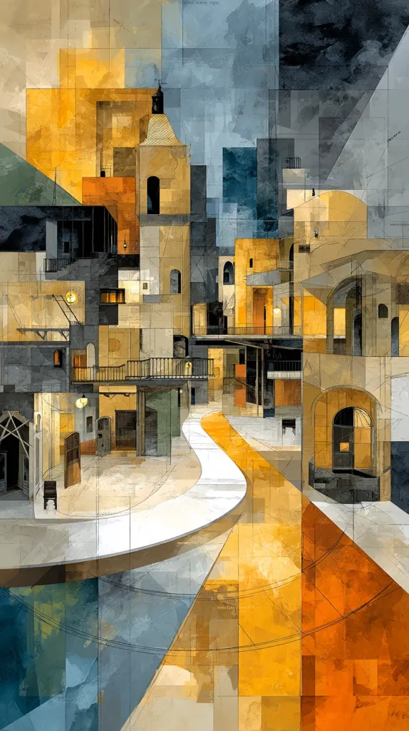 An abstract cityscape painting in warm and cool tones.  Buildings are depicted in fragmented, geometric shapes, rendered in shades of ochre, gold, grey, and blue. A curving street winds through the scene, connecting various structures.  The style suggests cubism or a similar approach to urban representation, prioritizing form and color over realistic detail.  Overlapping planes and architectural elements create a sense of depth and complexity.