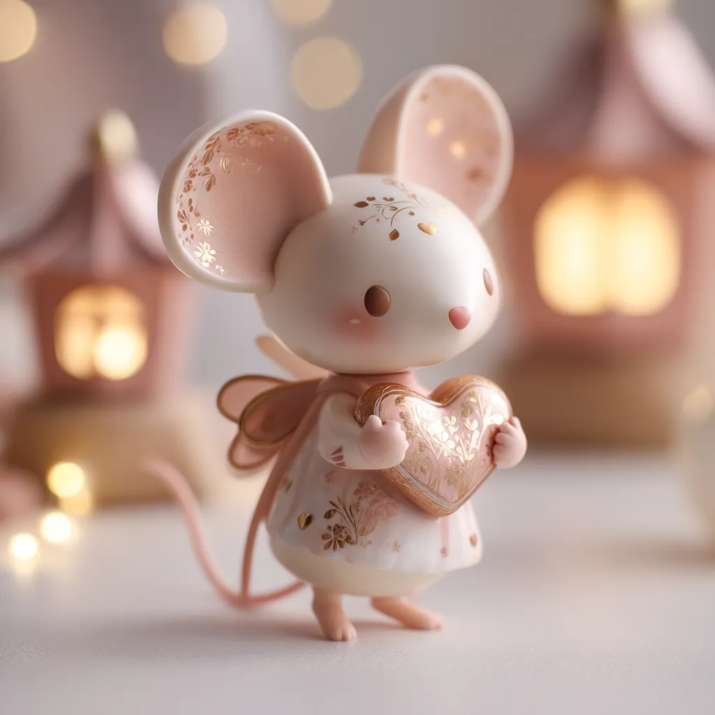 A charming figurine of a mouse, adorned in a delicate pink and gold dress, holds a heart-shaped ornament.  The mouse features large ears with floral detailing and small, expressive eyes.  The background is softly blurred, showcasing small, illuminated houses, creating a whimsical, fairy-tale-like setting.  The overall aesthetic is sweet and romantic.