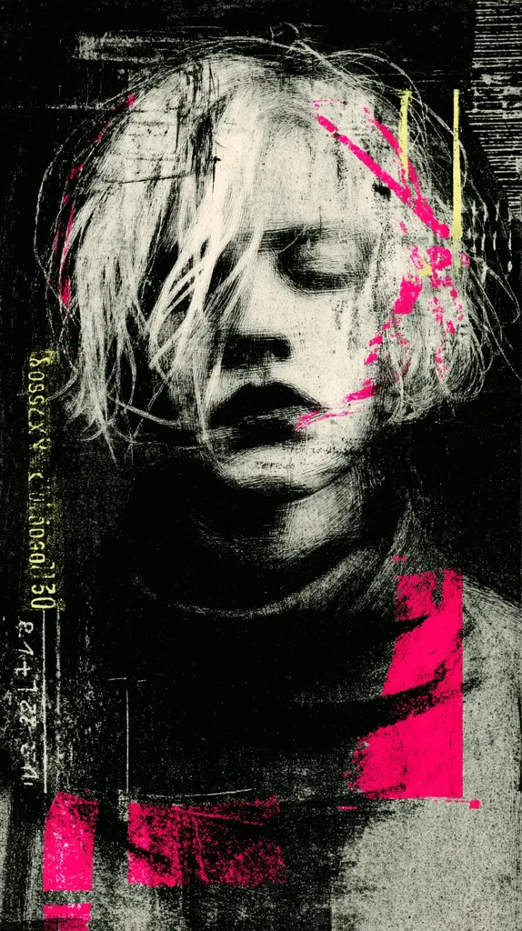 A monochromatic portrait of a person with tousled, light-colored hair.  The face is partially obscured, with bold, pink and yellow brushstrokes across the features and background.  The style is abstract and expressive, combining painterly techniques with a gritty, textured effect. The overall mood is melancholic and intense.  Numbers and markings suggest a photo or film still aesthetic.