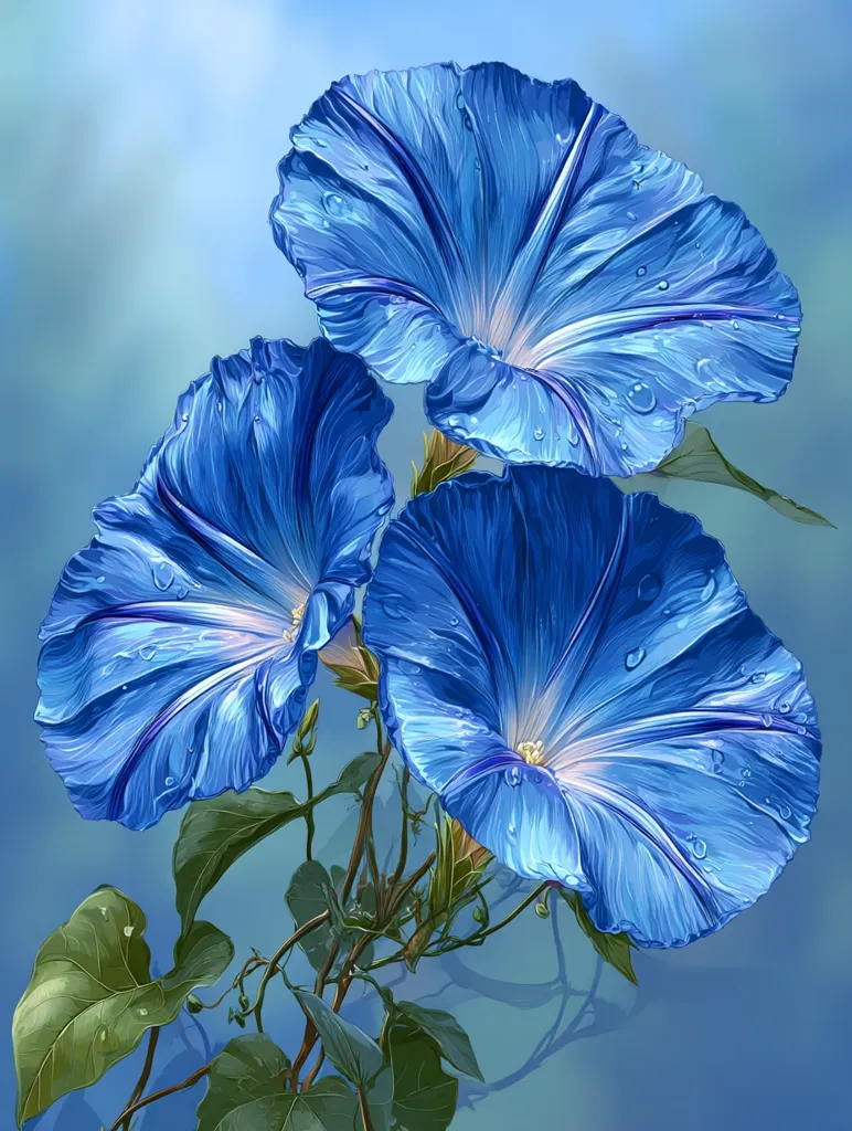 A vibrant painting showcases three luminous blue morning glories, their petals glistening with morning dew.  The flowers are richly detailed, exhibiting a depth of color and texture.  Their deep blue hues contrast beautifully against a soft, light blue background.  The painting captures the delicate beauty and ephemeral nature of these blossoms.  Green leaves and stems complete the composition.