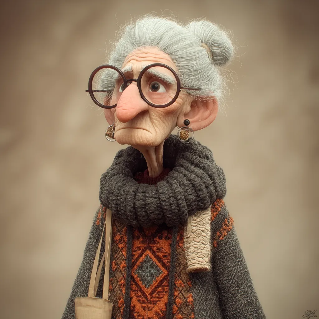 A digital rendering of a whimsical elderly woman.  She has large round glasses, a prominent nose, and her grey hair is styled in two buns.  She wears a chunky grey scarf, an orange patterned sweater, and carries a paper bag. Her expression is pensive, her gaze directed upward and slightly to the side. The style is reminiscent of a cartoon character, yet detailed and realistic in texture and form.