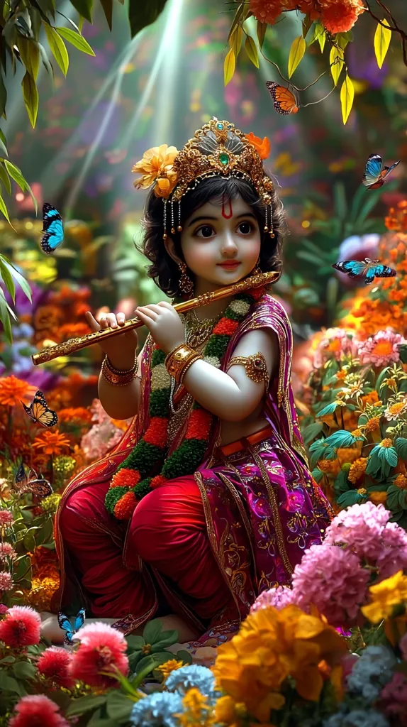 A depiction of Krishna, the Hindu deity, as a young boy.  He's adorned in ornate clothing and jewelry, seated amidst a vibrant garden teeming with colorful flowers and butterflies.  He plays a flute, a serene expression on his face. The image is digitally rendered, exhibiting rich detail and saturated colors, creating a mystical and enchanting scene.