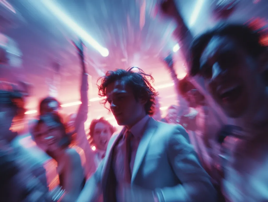 A young man in a light-colored suit is the focal point of a vibrant, blurry image depicting a lively party scene.  Surrounding him are numerous dancing figures, their movements blurred by motion, creating a sense of energy and excitement. The scene is bathed in bright pink and blue neon lights, adding to the dynamic atmosphere.  The overall impression is one of exhilaration and youthful revelry.