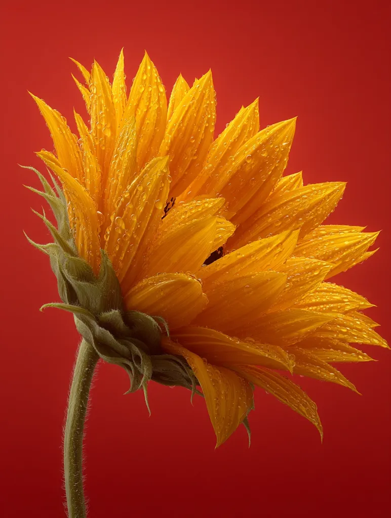A vibrant yellow sunflower, its petals glistening with water droplets, is captured against a bold red background.  The sunflower is presented in profile, showcasing the intricate detail of its petals and the delicate green stem.  The image is sharp, focusing on the flower's texture and the contrast between the warm yellow and the deep red.