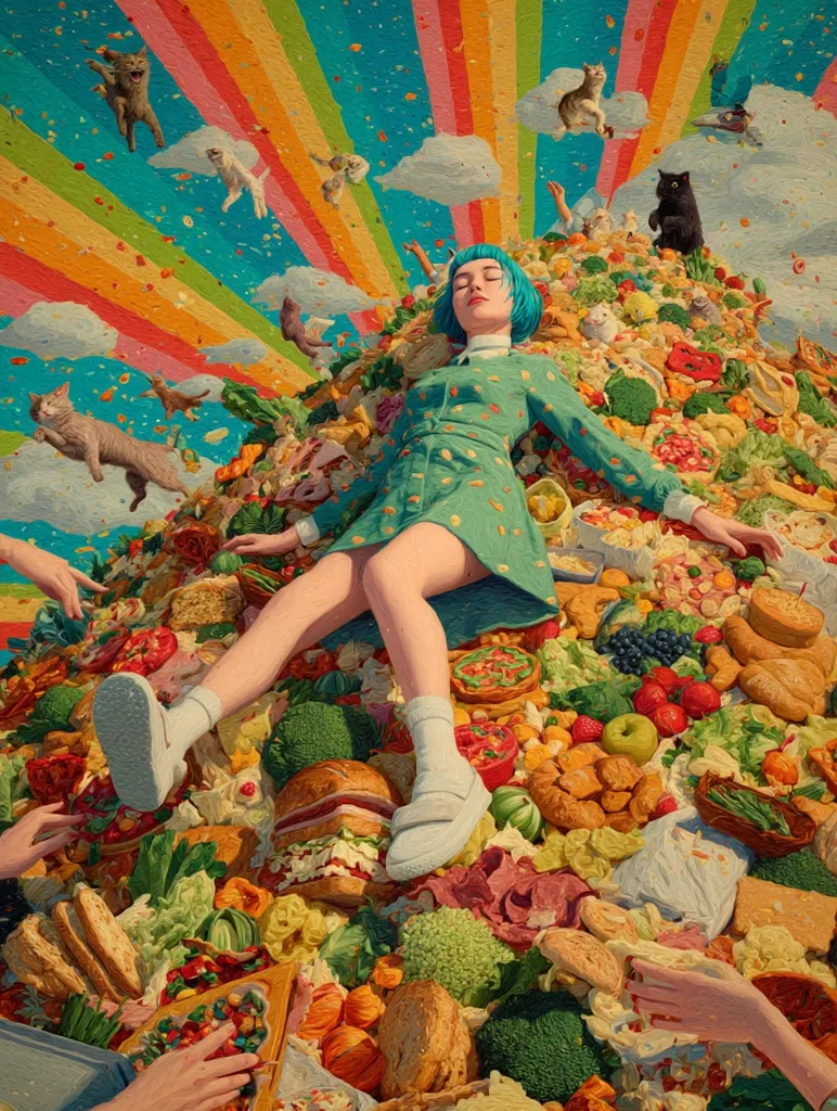 A young woman with teal hair lies serenely atop a colossal mound of vibrant food, surrounded by a whimsical, rainbow-hued sky filled with playful cats. The scene is a surreal juxtaposition of peaceful repose and abundant, almost overwhelming, food.  Hands reach in from the sides, interacting with the feast. The style is reminiscent of pop surrealism, with bold colors and a dreamlike quality.