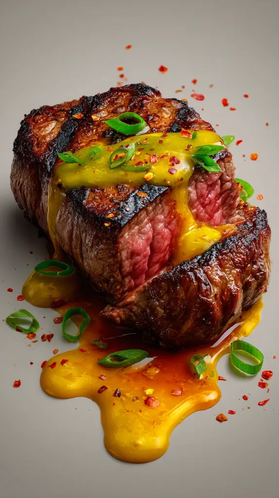 A perfectly seared steak, sliced open to reveal a juicy pink center, is generously drizzled with a vibrant yellow sauce.  The sauce appears rich and flavorful, complemented by scattered green onions and red chili flakes.  The steak rests on a pool of the sauce, creating a visually appealing and delicious-looking presentation.