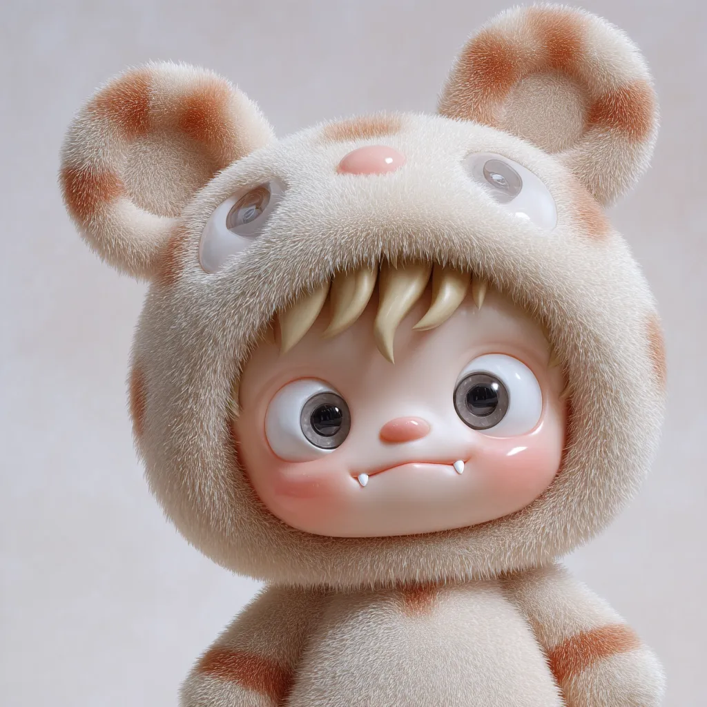 A charming 3D-rendered image showcases a cute baby wearing an adorable bear costume.  The costume is fluffy and beige with light brown accents on the ears. The baby's face is rosy-cheeked, with large expressive eyes and subtly visible fangs, adding a touch of playful mischief. The overall aesthetic is soft, cuddly, and endearing.