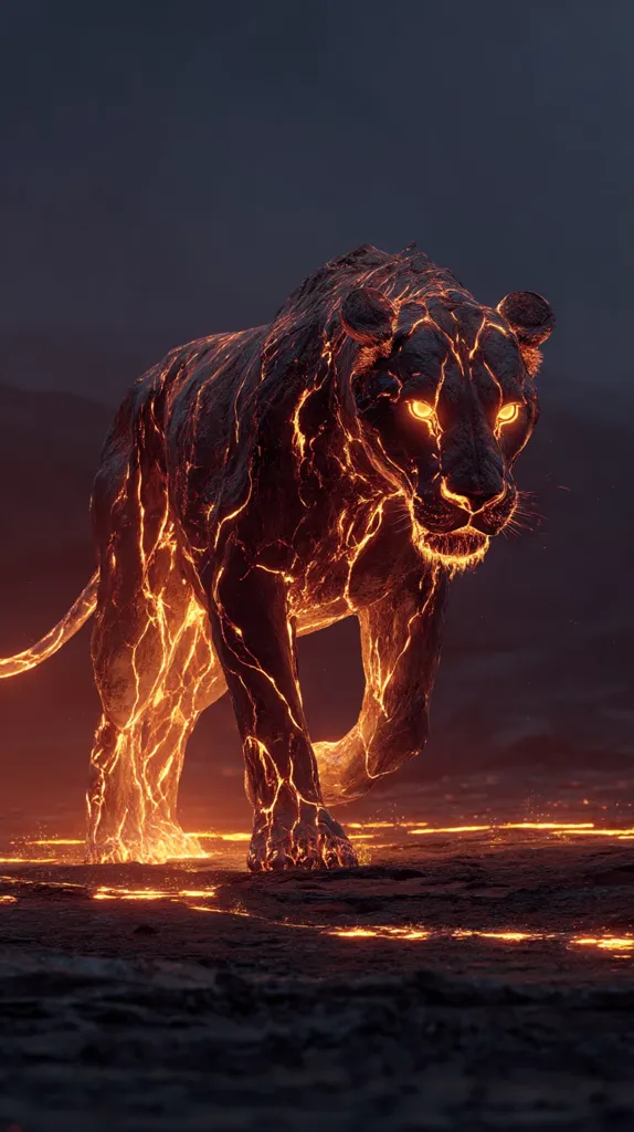 A digital rendering depicts a majestic lion, its form sculpted from molten lava.  Intense orange light emanates from within its fiery body, illuminating its powerful stance as it strides across a dark, volcanic landscape.  The glowing eyes and flowing lava texture create a dramatic, otherworldly effect.  The image is both awe-inspiring and slightly menacing.