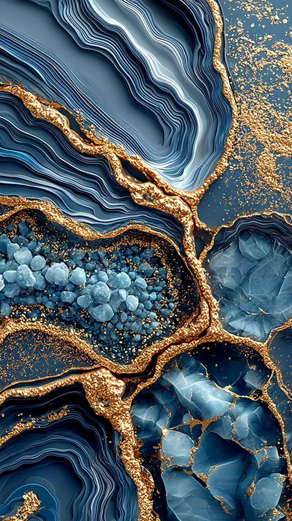 A mesmerizing abstract image showcases a deep blue and gold design.  Swirling layers of blue, reminiscent of agate, are accented with glittering gold veins and specks.  Smaller pockets within the larger formation are filled with clusters of light blue stones, adding depth and texture. The overall effect is one of opulent luxury and natural beauty.