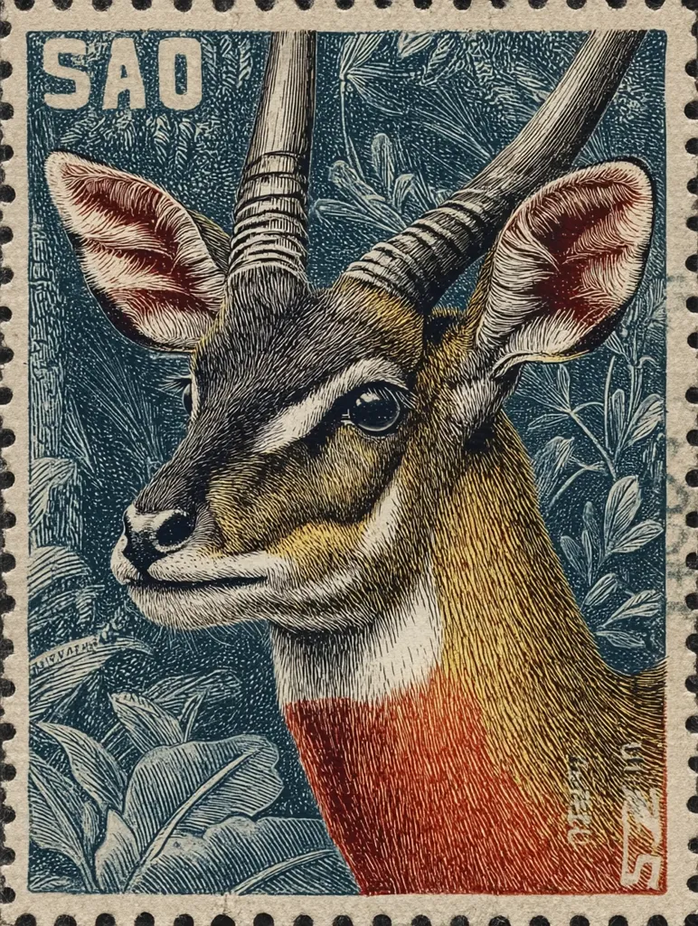 This postage stamp features a detailed illustration of a Saola, a rare bovine antelope.  The Saola's head and neck are prominently displayed against a dark teal background depicting foliage. The intricate detailing emphasizes the animal's unique horns and reddish-brown neck.  The stamp is bordered with perforations and bears the abbreviation "SAO" in the upper left corner.