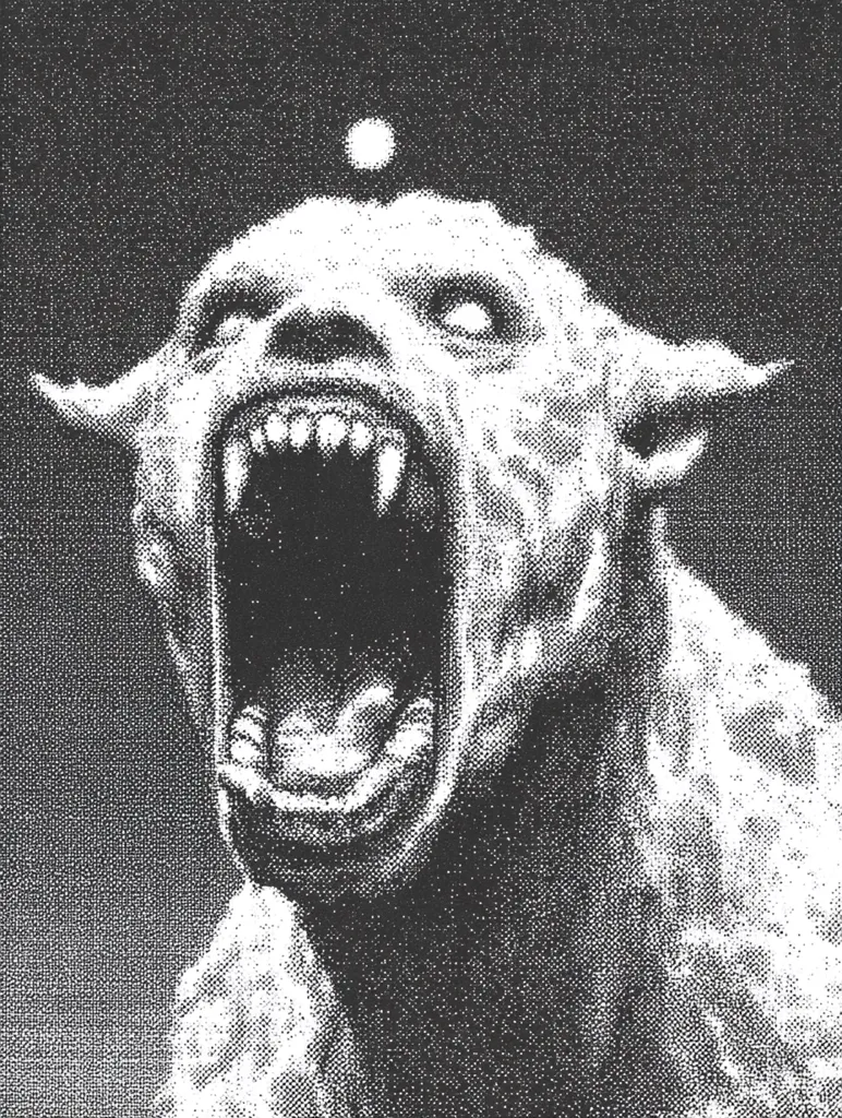 A monochrome, stylized illustration depicts a monstrous creature, possibly a werewolf or similar beast. Its mouth is agape, revealing sharp teeth, and its eyes are wide and unsettling. The creature's fur is textured, suggesting a rough or decaying appearance.  A small, bright circle hovers above its head, adding to the eerie atmosphere. The style evokes a vintage horror print or a heavy metal album cover.