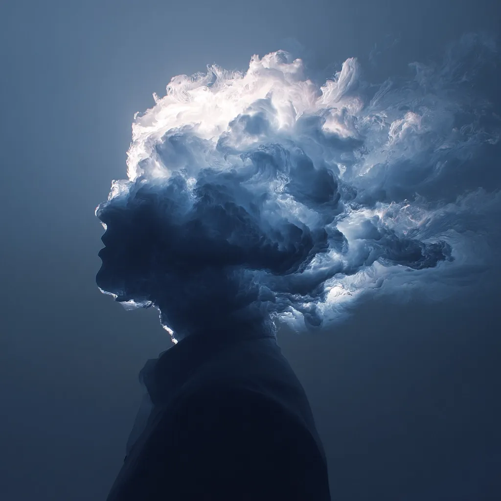 The image is an abstract portrait of a person's head and shoulders, replaced by a swirling mass of clouds.  The clouds are predominantly dark blue and gray, with brighter, almost white areas, suggesting a storm or intense emotion. The silhouette of the person is visible beneath, giving a sense of inner turmoil or hidden thoughts.  The overall effect is ethereal and melancholic.