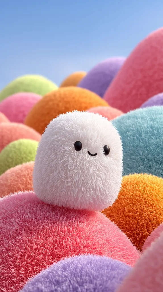 A fluffy, white, smiling character sits atop a field of pastel-colored, fuzzy spheres.  The background is a clear blue sky. The spheres are various shades of pink, orange, purple, and green, creating a soft and whimsical scene.  The overall style is cute and playful.