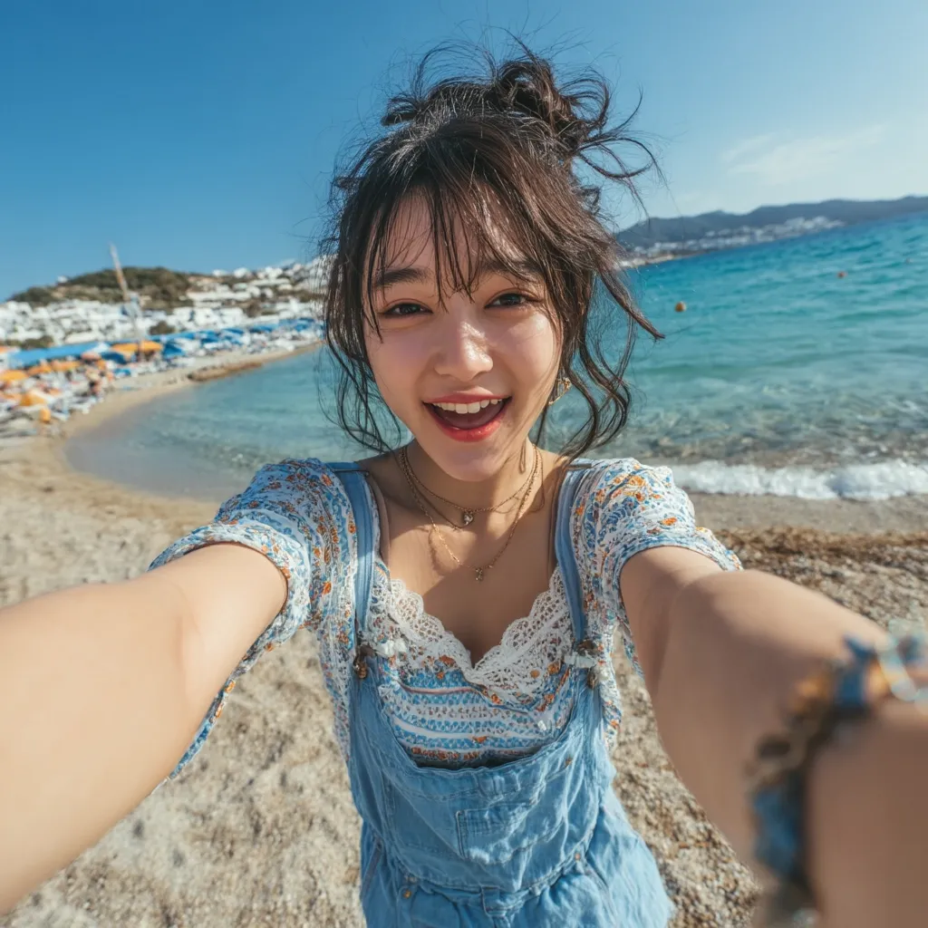 A young woman takes a selfie on a sunny beach.  She's smiling broadly, wearing a light blue floral top over denim overalls. Her hair is styled in a messy bun.  The background shows a clear blue sea, sandy beach, and white buildings in the distance, suggesting a vacation setting.  The overall mood is cheerful and carefree.