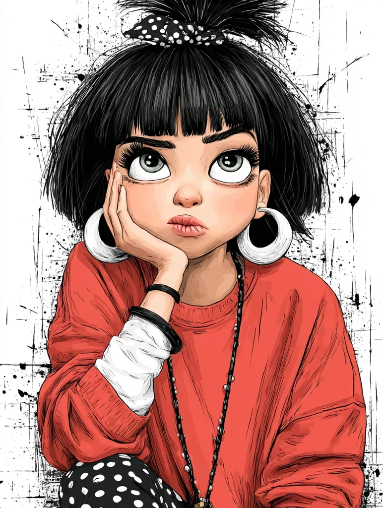A stylized illustration of a girl with large expressive eyes and a pensive expression. She has short black hair styled with a polka-dot headband, large hoop earrings, and is wearing a red sweater and polka-dot pants. Her hand rests on her chin, conveying a thoughtful or melancholic mood.  The art style is reminiscent of graphic novel illustrations, with a textured background adding to the overall effect.