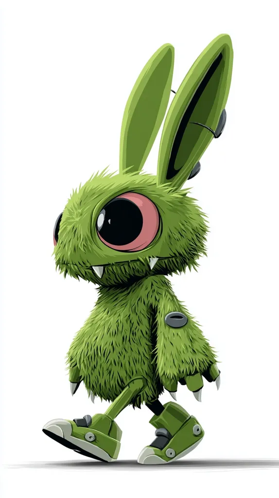 A whimsical illustration of a furry green creature, resembling a rabbit-monster hybrid.  It features large, expressive eyes, sharp teeth, and robotic-style legs and shoes. The creature's fluffy green fur contrasts with its metallic green lower limbs. It's depicted mid-stride, creating a dynamic and playful composition. The overall style is cartoonish and imaginative.