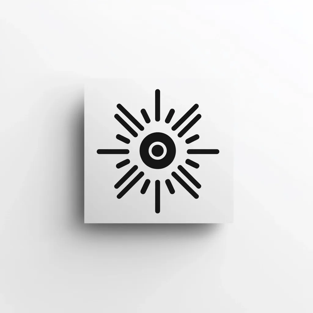 A minimalist black and white image features a stylized sun or starburst symbol.  The central element is a black circle with a smaller concentric circle, surrounded by radiating lines creating a burst effect.  The design is printed on a square white card, which is subtly shadowed against a light grey background. The overall aesthetic is clean and modern.