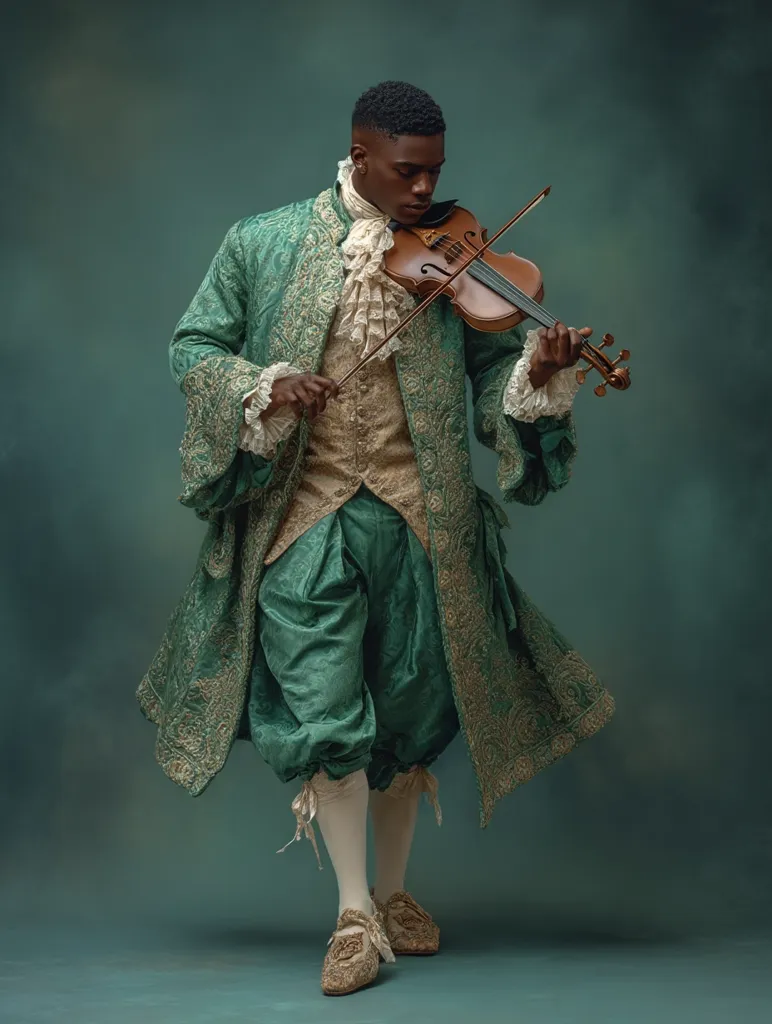 A Black man, elegantly dressed in a teal and gold brocade 18th-century style coat and breeches, stands against a muted green backdrop. He holds a violin, his head bowed in concentration as he plays.  The image evokes a sense of historical grandeur and musical artistry.  His attire is richly detailed, highlighting the opulence of the period.